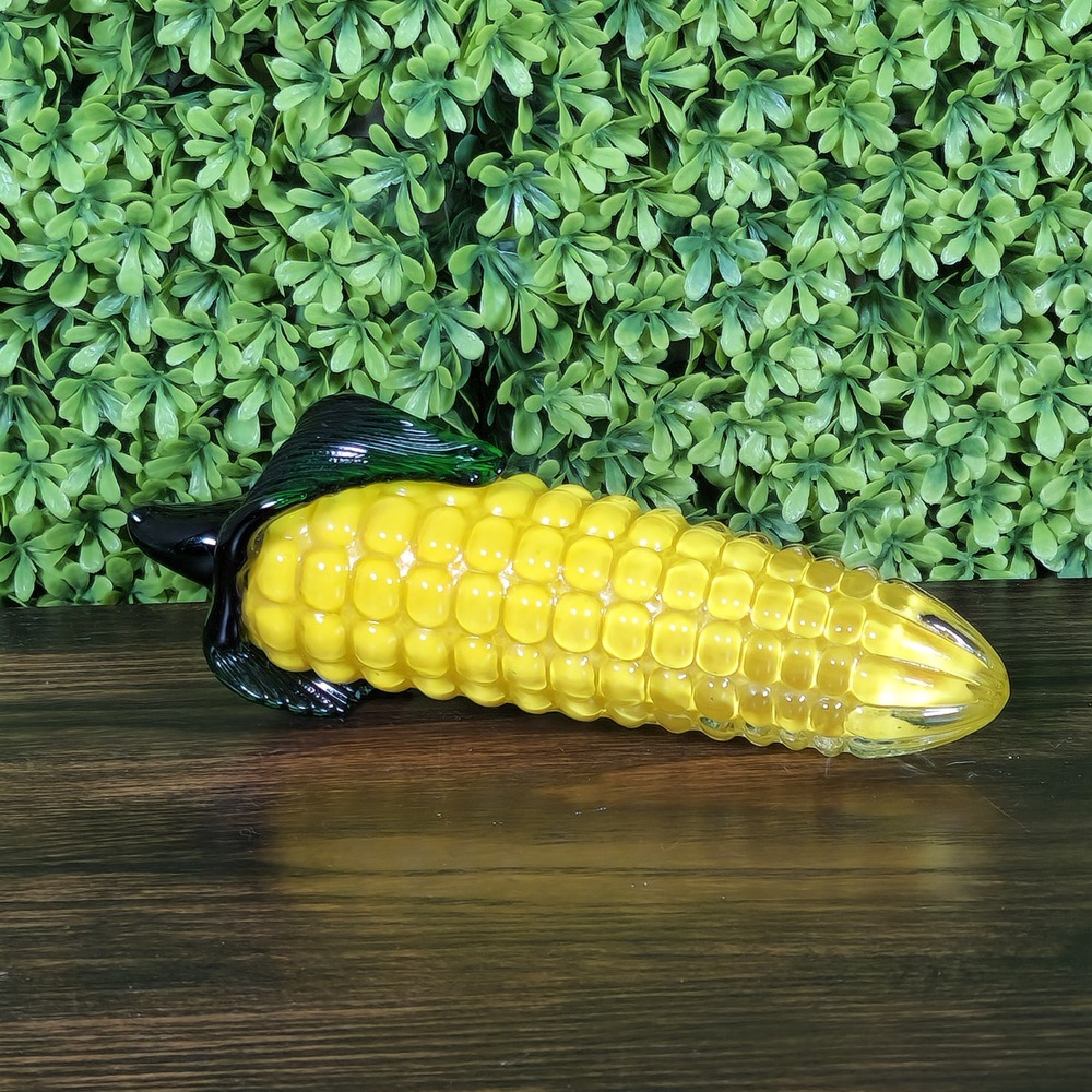 Vintage Art Glass Corn on the Cob Figurine Hand Blown Yellow Green Harvest Decor
